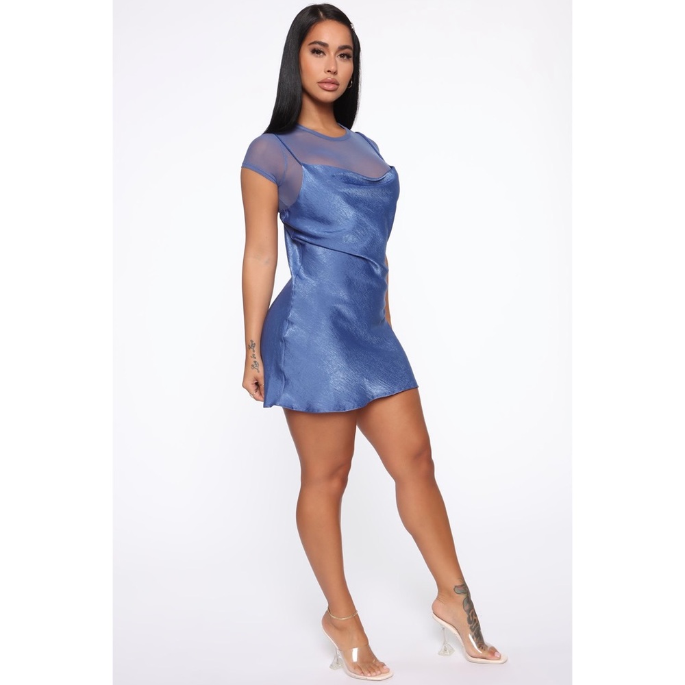Blue Satin Mini Slip Dress - Picture 4 of 5